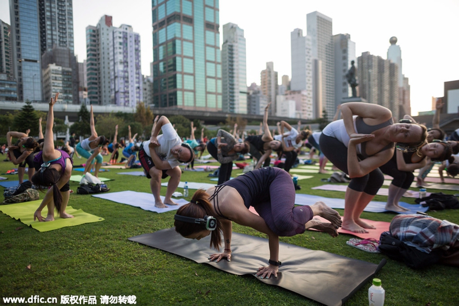 Silent disco yoga class in HK quiets body and mind