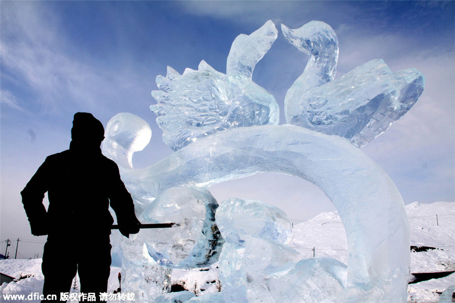 'Belt and Road Initiative' ice sculptures on display in Xinjiang