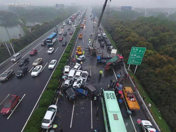 Two people died, dozens injured in east China's highway pileup