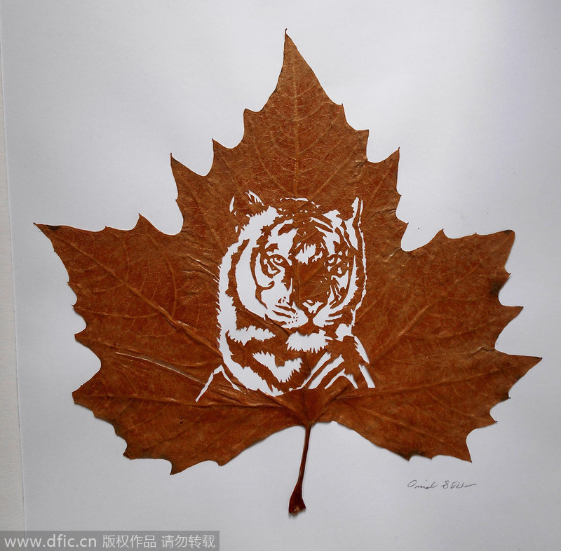 Iranian artist creates art on leaves