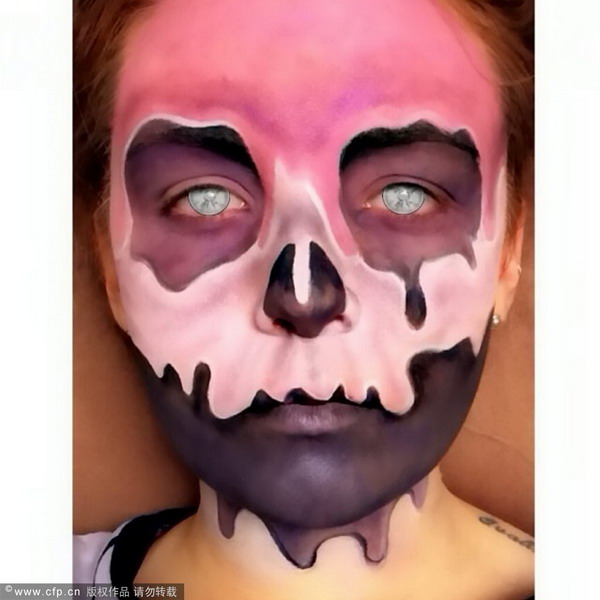 Make-up artist creates special-effects on her face