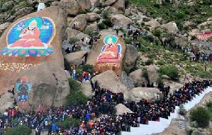 People celebrate Shoton Festival at Drepung monastery, Tibet