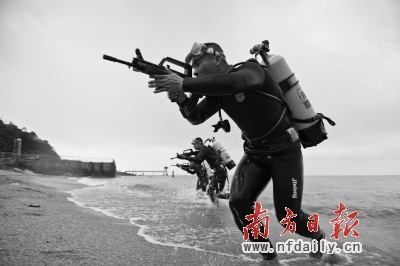 中國(guó)兩棲偵察兵據(jù)槍訓(xùn)練 槍桿放硬幣20分鐘不掉