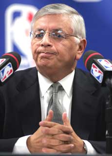 NBA commissioner David Stern frowns after announcing suspensions of nine NBA players for an altercation at a November 19 game between the Detroit Pistons and the Indiana Pacers during a press conference at New York's Madison Square Garden, November 21, 2004. Pacers forward Ron Artest was suspended for the remainder of the season. 