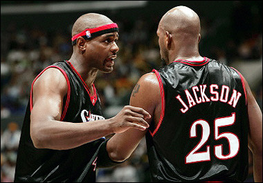 Philadelphia 76ers 
 forward 
 Chris Webber, pictured here 27 March 2005 with teammate Marc Jackson (R), ignored the advice of doctors and will miss the next week to 10 days of the National Basketball Association season as a result. [AFP]