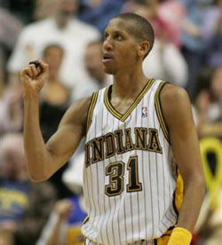 Indiana Pacers 
 Reggie 
 Miller reacts after hitting a shot against the Miami Heat in overtime in Indianapolis, Thursday, March 31, 2005. Miller finished with 31 points in the Pacers' 114-108 win. [AP]