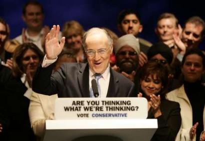 The leader of Britain's opposition Conservative Party Michael Howard launches his party's election campaign in the West Midlands at the International Conference Centre in Birmingham, central England, April 5, 2005. Britain's Prime Minister Tony Blair confirmed on Tuesday the worst-kept secret in British politics - that an election will be held on May 5 - as polls suggested a real contest for the first time since 1992. REUTERS/Darren Staples