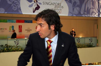 Spain's and Real Madrid's soccer player Raul is seen at the 117th IOC session in Singapore July 6 2005. London was awarded the 2012 Olympic Games on Wednesday after the most bitterly fought bid battle in Olympic history. The London team overhauled long-time favourites Paris as well as Madrid, Moscow and New York to win the race to stage the lucrative sports extravaganza. 