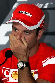 Ferrari driver Rubens Barrichello of Brazil attends a news conference at Istanbul Park race track in Istanbul, the venue of Turkish Grand Prix, August 18, 2005. 