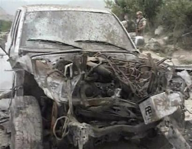 A vehicle that was damaged in a blast in Paghman, a resort area located some 20 km (12 miles) west of the Afghan capital Kabul, is seen in this August 21, 2005 image taken from television footage.