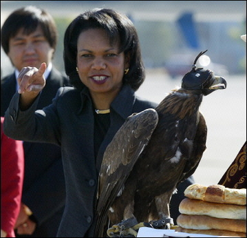 US Secretary of State Condoleezza Rice gestures upon her arrival in Bishkek, Kyrgyzstan, on the first stop of a three-day tour of Central Asia.