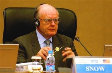 US Treasury Secretary John Snow listens to Chinese Finance Minister Jin Renqing's opening remarks at the 7th G20 Finance Ministers and Central Bank Governors meeting in Xianghe, Hebei province, China Saturday Oct. 15, 2005.