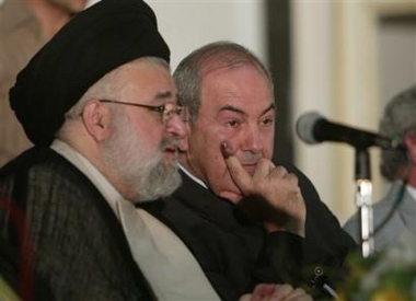 Former Iraqi Prime Minister Ayad Allawi, right, looks on together with Shiite Muslim legislator, Hussein al-Sadr, left, during a conference in Baghdad, Iraq, Monday, Oct. 17 2005.