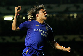 Chelsea's Crespo celebrates scoring a goal against Real Betis during Champions League soccer match in London