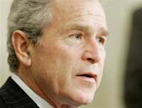 President Bush speaks Thursday, Nov. 10, 2005 during a meeting in the Oval Office with Yemeni President Ali Abdullah Saleh. Bush pledged that the U.S. will do all it can to help pursue those responsible for Wednesday's bombings at three hotels in Jordan, a Middle East ally in the fight against terrorism. (AP 