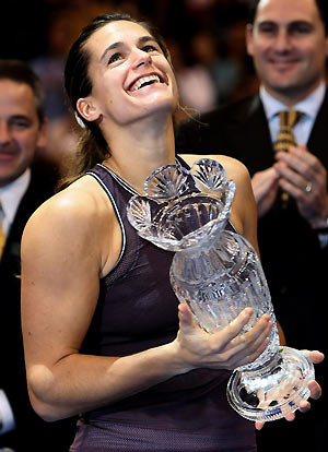 Mauresmo of France celebrates as she defeats compatriot Mary Pierce during the final of the WTA Tour Championships in Los Angeles November 13, 2005. 