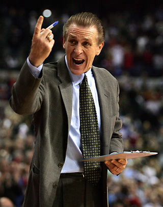 Miami Heat head coach Pat Riley yells for a player on the bench during the second half of the NBA game against the Detroit Pistons at the Palace in Auburn Hills, Michigan December 29, 2005. Miami was defeated by Detroit 106-101. 