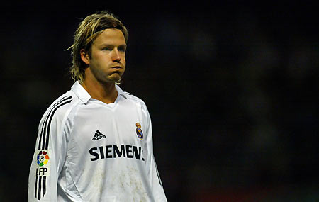 Real Madrid's English player David Beckham celebrates scoring a goal during a King's Cup soccer match against Athletic Bilbao in Bilbao, northern Spain, January 3, 2006. Real Madrid won 1-0. [Reuters]