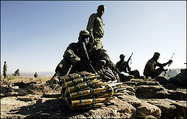 Ethiopian soldiers man an observation post facing the Temporary Security Zone on the Eritrean border at the northern town of Zala Anbessa in the Tigray region of Ethiopia, November 2005.