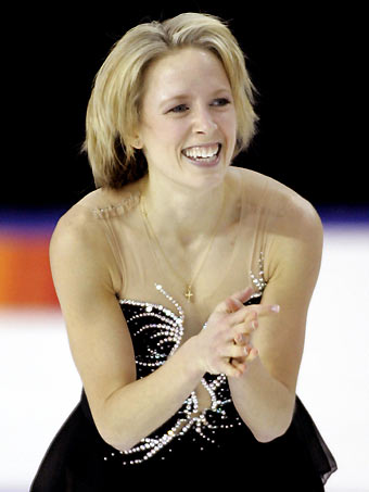 Lesley Hawker reacts after skating her Senior Women Free Skate Program at the Canadian Figure Skating Championships in Ottawa, Ontario, January 13, 2006. Hawker finished in third place behind Mira Leung and Joannie Rochette, who placed first to repeat as the Canadian Champion. [Reuters]