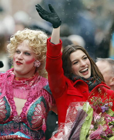 Anne Hathaway is all smiles during the Hasty Pudding Woman of the Year Parade