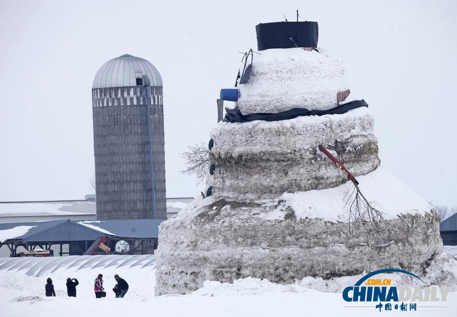 美國農民堆出15米高雪人 引游客駐足留念