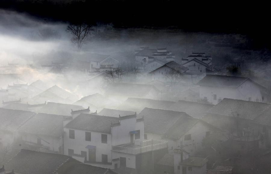 Scenery of Wuyuan at dawn after rainfall