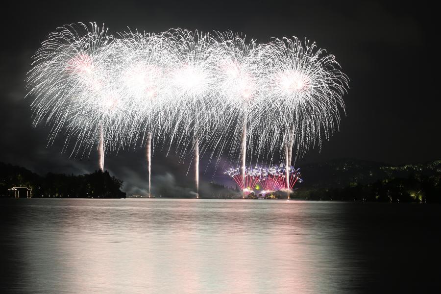 Fireworks light up sky over West Lake in Hangzhou