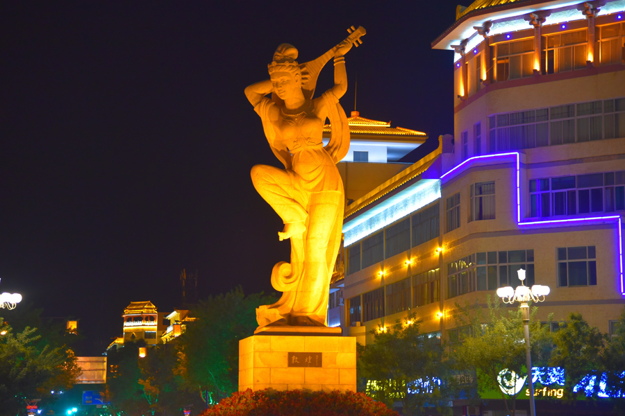 Vibrant night cityscape of Gansu's Dunhuang city