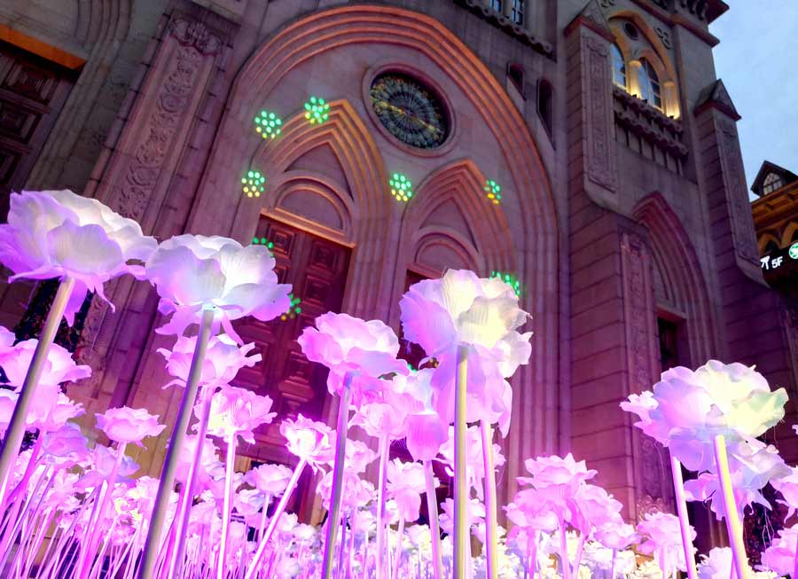 A sea of roses lights up Wuhan on Valentine's Day