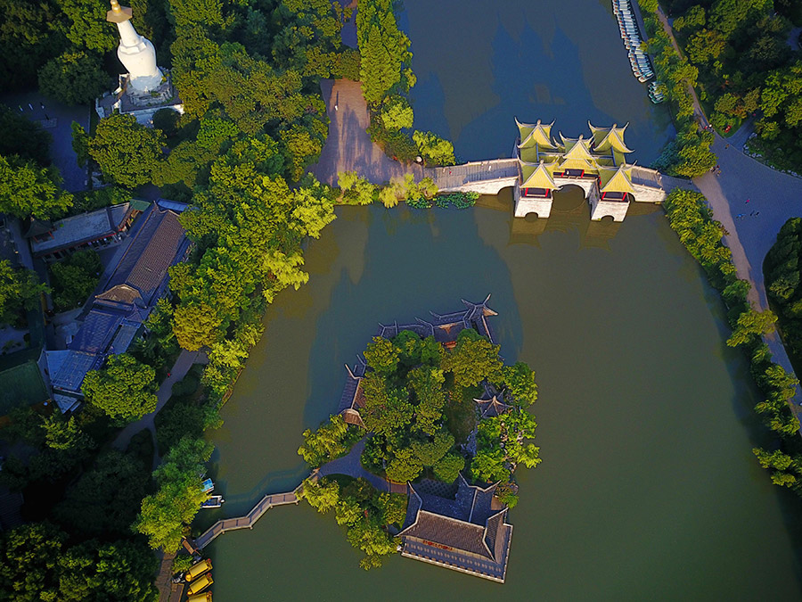 Aerial view of Slender West Lake in morning light