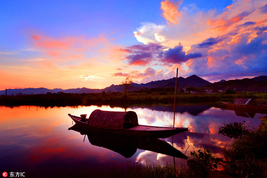 Beautiful Zhejiang village under colorful sunset glow