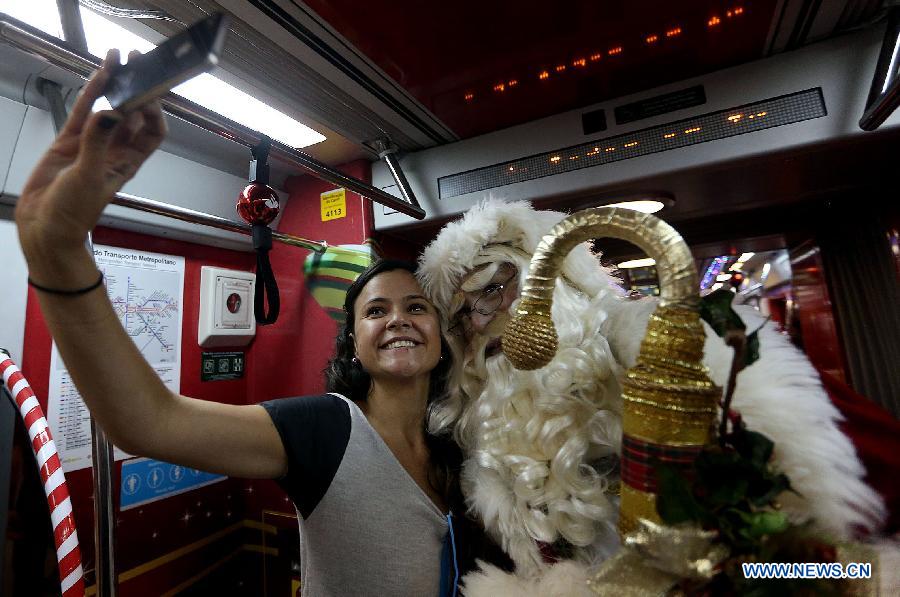 Santa Claus in a wagon of Sao Paulo subway in Brazil