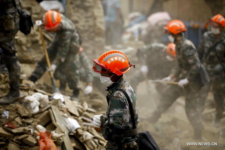 Chinese rescuers work on outskirts of Kathmandu, Nepal